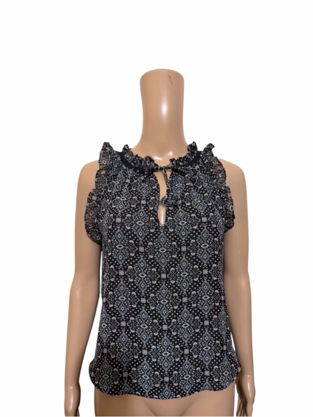 Misa Los Angeles Black & White Printed Ruffle Tie Neck Camisole
